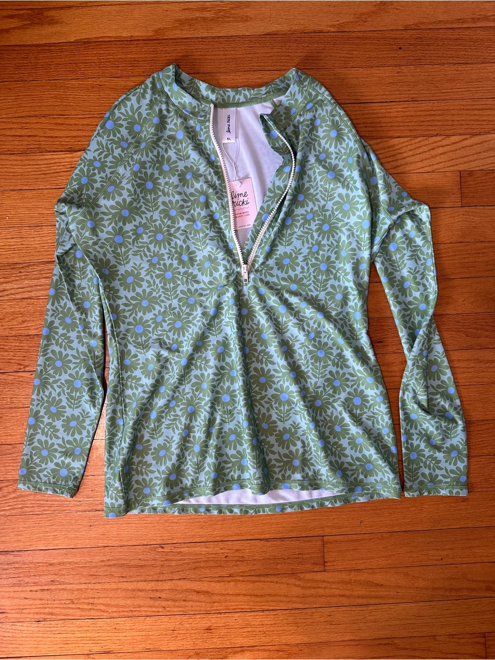 Lime Ricki Light Green Floral Zip-Front Long Sleeve Swim Tee
